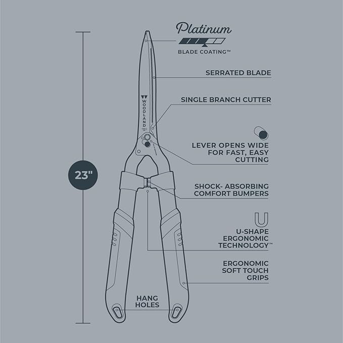 Woodland Tools Heavy Duty Hedge Shears, 25 Inch Manual Hedge Clippers with 10 Inch Lever-Assist Blades and Non Stick Coating, Branch Trimmer for Dense Shrubs and Overgrown Hedges