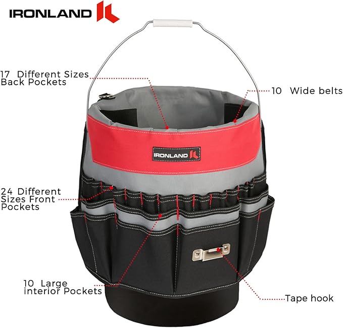 IRONLAND Bucket Tool Organizer Fit 3.5-5 Gallon Bucket, 51 Pockets, Bucket Tool Caddy Organization for Garden, Construction, Carpenter, Electrician, Builder Red & Black