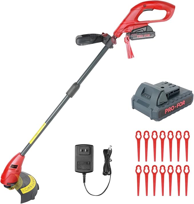 20V Cordless Weed Wacker with 9-Inch Blade, 2.0Ah Battery Powered Grass Trimmer and Lawn Edger, Light Weight Electric Brush Cutter with 12 PCS Replacement Blades for Yard and Garden