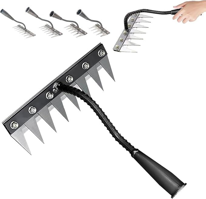 Iron Rake 2.0, Upgraded Iron Weeding Rakes 2.0, Iron Rake for Gardening and Weeding, Multifunctional Heavy-Duty Iron Rakes Gardening Hand Weeder Tools, Durable & Lightweight (7 Teeth)