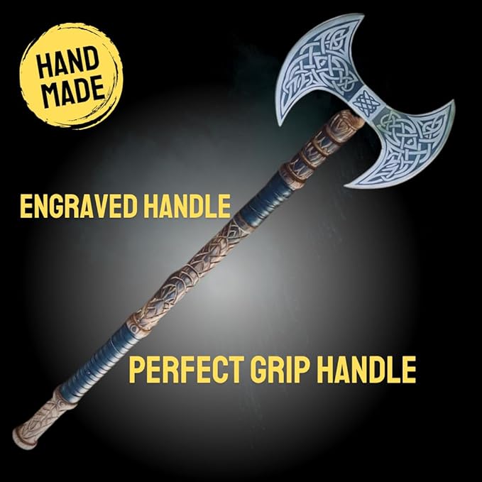 Hand Forged Double Headed Carbon Steel Axe – Bearded Battle Axe with Ash Wood Handle and Leather Sheath – Handmade Functional Gift for Him (DHA)