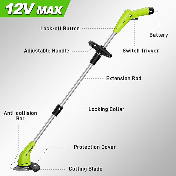 GardenJoy Weed Wacker Battery Operated: 12V Cordless Grass Trimmer with 2.0Ah Battery, Fast Charger and 3 Types Cutting Blade, Portable Electric Lawn Trimmer for Garden Yard Weeding Work