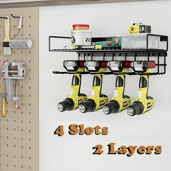 AZERPIAN Tool Organizer Heavy Duty Power Wall Mount for Drill and Cordless Tools Heavy Duty Rack for Garage Organization Workshop Pegboard (1 Layers 4 Slots)