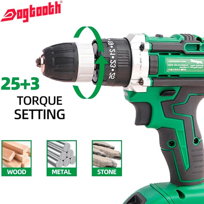 DOGTOOTH 21V MAX Cordless Battery Powered Drill Driver, 1* Battery and Charger, 2 Variable Speed, Build-in LED Lights, 23 Bits Storage Kit - Green