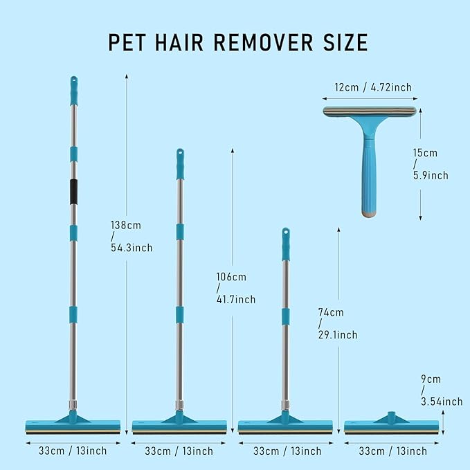 Carpet Rake for Pet Hair Removal Tool, Updated Reusable Pet Hair Remover with 56” Adjustable Long Handle, 2 in 1 Rubber Broom and Carpet Brush Scraper for Rugs, Mats, Couch, Furniture (2pcs)