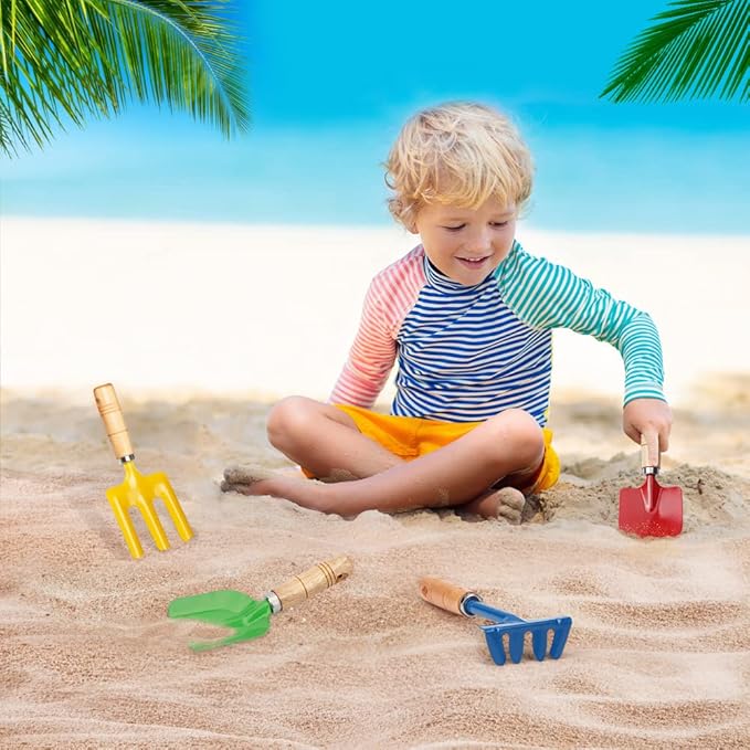 Metal Garden Tool Set with Scoop Leaf Rake Weed Fork Hoe Sand Toy for Kids Adults, Toddler Beach Sandbox Shovels Kit, Beach Garden Gear Accessories Gift for Outdoor Digging Treasure Hunt(4PCS)