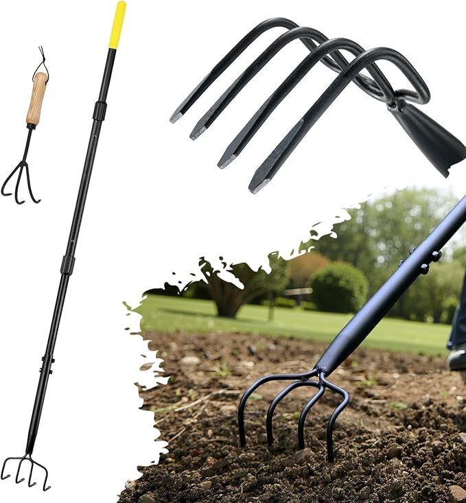 Colwelt 4 Tines Garden Cultivator Rake 59'', Hand Tiller Garden Tool with Sharp Forged Steel Head, Cultivators for Gardening with Long Handle, Garden Tiller for Digging Loosening Weeding
