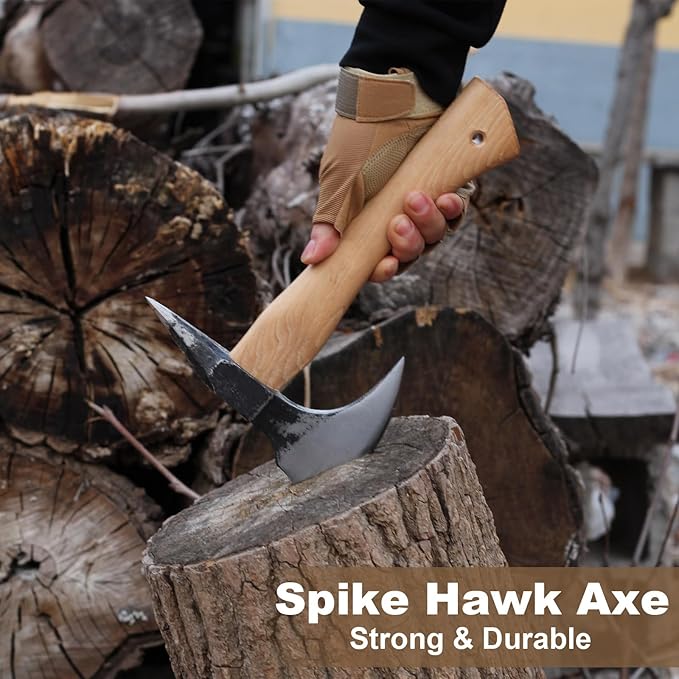 Hatchet Axe Spike Hawk, 11" Forged Carbon Steel Chopping Axe for Wood Splitting, Kindling, Outdoor Camping