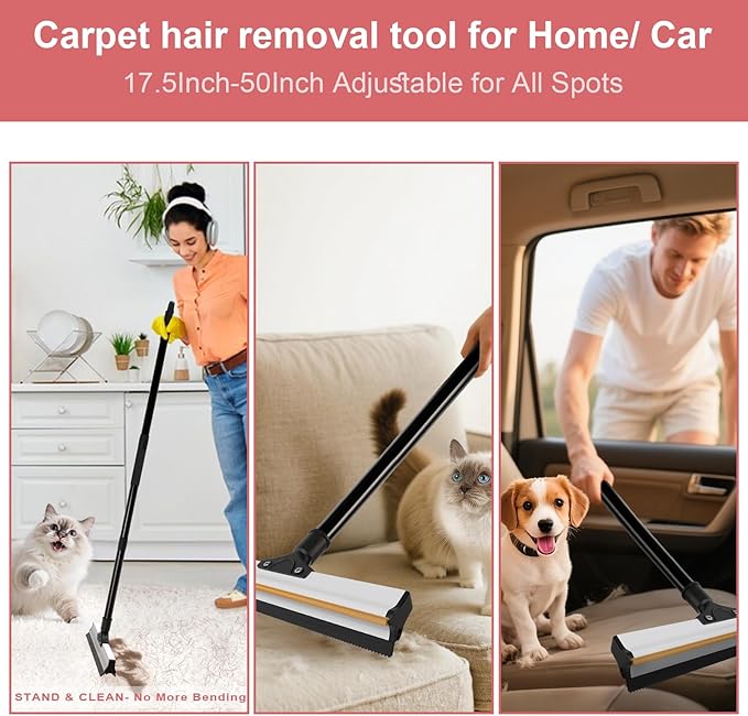 Carpet Rake for Pet Hair Removal - Dual Head Carpet Scraper & Rubber Broom with 50inch Handle for Carpet, Sofa, Car - Pet Hair Remover Tool for Cat & Dog