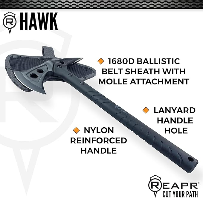 Reapr Tactical Hawk 7" Dual-Blade Throwing Axe – Survival Tomahawk with Spike & Axe Head, Stainless Steel, Nylon-Fiberglass Handle, Belt Sheath – Camping, Hunting, Wood Splitting, Gift for Outdoorsmen