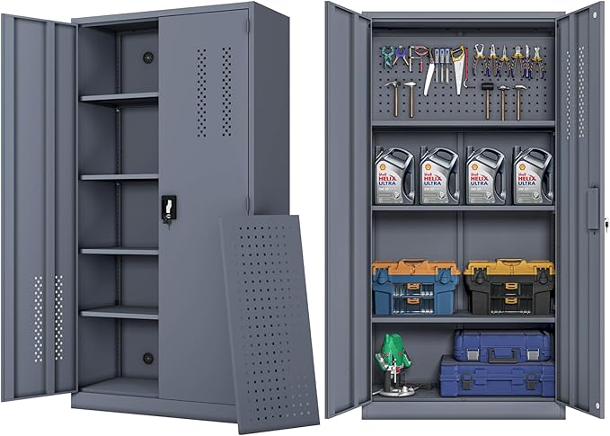 KAER Metal Garage Storage Locker 72" H Garage Cabinets with 2 Doors 4 Adjustable Shelves and Tool Board Tool Cabinets for Warehouse Basement Home Office - Assembly Required