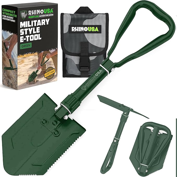 RHINO USA Folding Survival Shovel w/Pick - Heavy Duty Carbon Steel Military Style Entrenching Tool for Off Road, Camping, Gardening, Beach, Digging Dirt, Sand, Mud & Snow - Green