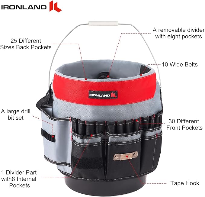 IRONLAND Bucket Tool Organizer Fit 3.5-5 Gallon Bucket, 64 Pockets, Bucket Tool Caddy Organization for Garden, Construction, Carpenter, Electrician, Builder red