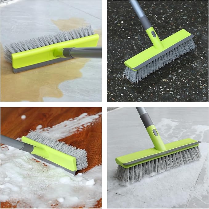 Floor Scrub Brush 2 in 1 Scrubber and Squeegee, Stiff Bristle Deck Brush for Cleaning Concrete, Patio, Garage, Kitchen, Carpet and Bathroom 57" Long Handle