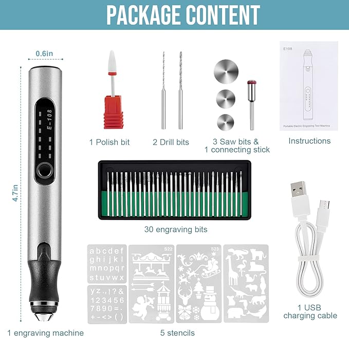 Electric Engraving Pen with 37 Bits, USB Rechargeable Cordless Engraving Machine, Portable DIY Rotary Engraver for Jewelry Wood Glass Stone Carving (Silver)