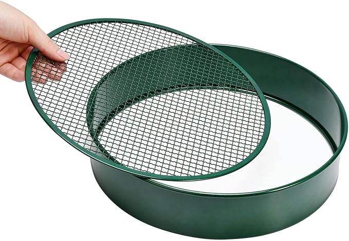 Soil Sieve Garden Riddle Sieve 12" Diameter, Fine Mesh Soil Sieve, Potting Sieve with 4 Interchangeable Filter Mesh Sizes 3,6,9,12mm and Shovel