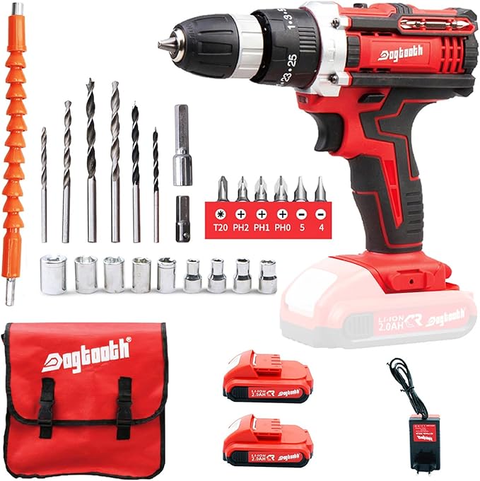 DOGTOOTH 21V MAX Cordless Drill, 2 * 2.0 Ah Batteries, 2 Speed Functions Max 1350 RPM, Build-in LED, 23 Bits, Charger, Tool Bag - Red