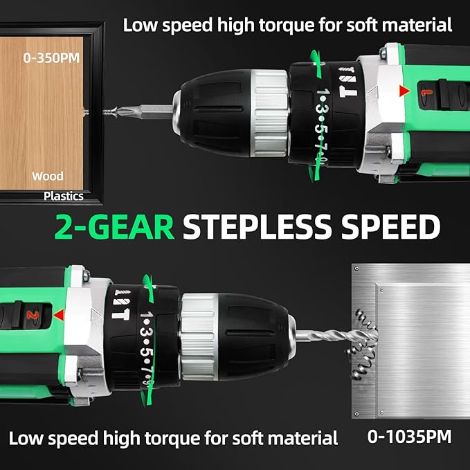 DOGTOOTH 21V MAX Cordless Battery Powered Drill Driver, 1* Battery and Charger, 2 Variable Speed, Build-in LED Lights, 23 Bits Storage Kit - Green
