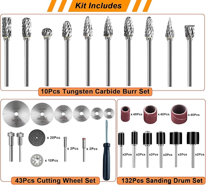 Tungsten Carbide Burr Set 1/8" Shank,Die Grinder Bits with Sanding Drums and Cutting Wheel Set, 185Pcs Pratical Sanding Tool Accessories for Dremel Rotary Tool
