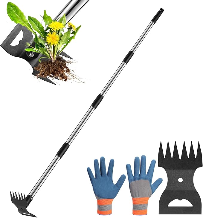 RONSUNG Weed Puller Tool with 57" Long Handle – 2-in-1 Stand Up Weeder & Garden Hoe with Heavy-Duty Steel Head, Manual Hand Uprooting Weeding Pull for Lawn, Yard & Lawn, Bonus Gloves Included