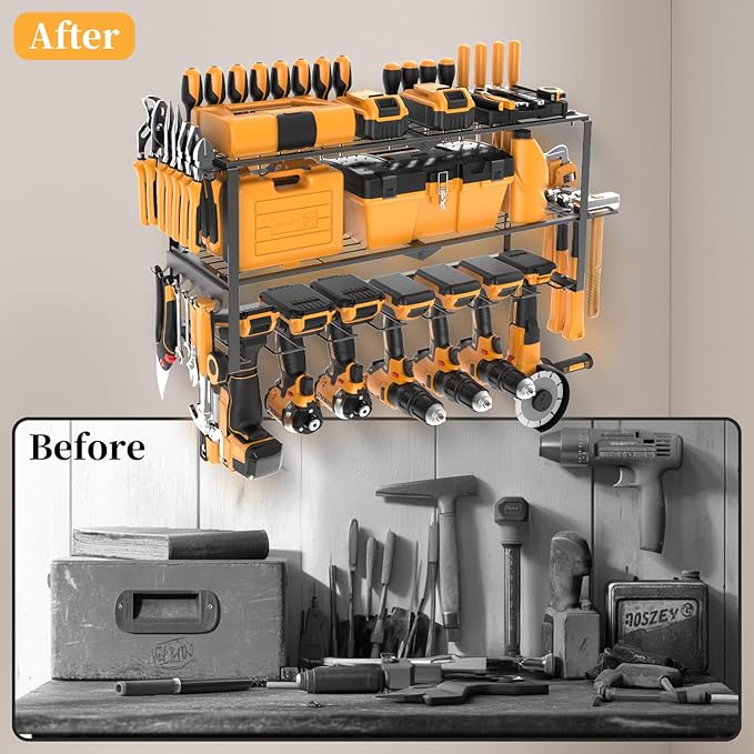 Large Power Tool Organizer Wall Mount, Power Tool Shelf System Battery Storage with 8 Cordless Drill Holder,3 Layers Heavy Duty Metal Loads 450lbs,Utility Racks for Garage Workshop