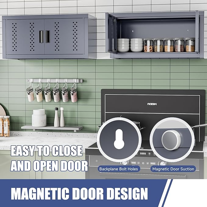 Metal Garage Storage Cabinet Industrial Style Wall Garage Cabinets with 2 Doors Tool Cabinets Wall Mounted Steel Hanging Cabinet for Warehouse Basement Kitchen Laundry - Assembly Required