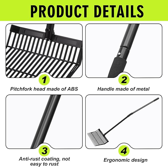 Lasnten 2 Set Pitch Fork Manure Fork with Long Handle Pitchfork Muck Rake Tool for Gardening Horse Stall Stable Grass Hay Cleaning Farm Work(Plastic Head)
