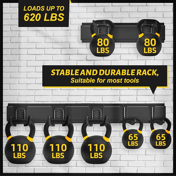 Garage Tool Organizer Wall Mount, 64 Inches Garden Tool Organizer with Adjustable Hooks, Metal Garage Storage Rack Max Loading 620lbs, Tool Holder for Hanging Rake Broom Mop Snowboard