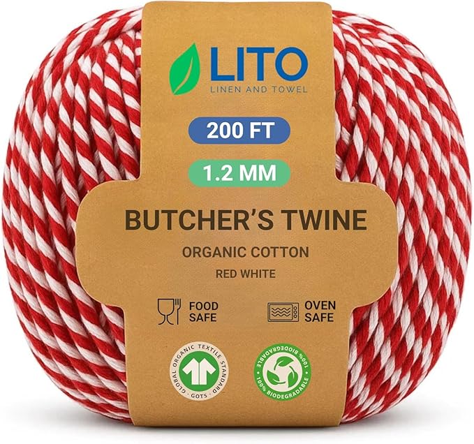 Red and White Organic Twine Cotton String - 200 Feet Wrapping, Baking, Butcher, Crafts, DIY Projects, Easter, Christmas