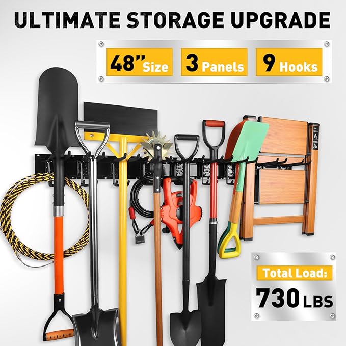 ELEAD 9-Pairs Heavy Duty Garage Tool Organizer Wall Mount Hooks, 48 Inches 730 lbs Garden Tool Organizer with Adjustable Hooks, Yard Tool Organizer for Garden, Yard, and Shed