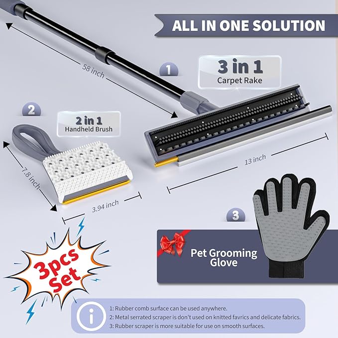 Carpet Rake for Pet Hair Removal - 3 in 1 Pet Hair Remover Tool with 58" Adjustable Long Handle,Reusable Dog & Cat Carpet Scraper,Pet Hair Remover for Rugs,Mats,Couch,Curtains(Gray)