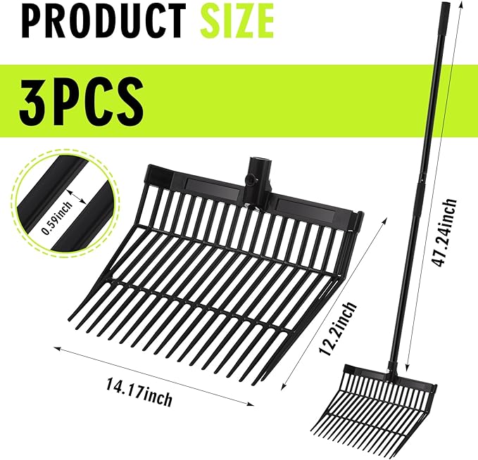 Lasnten 3 Sets Manure Fork with Long Metal Handle Pitch Fork Manure Rake Heavy Duty Muck Rake for Gardening Horse Stall Stable Grass Hay Cleaning Farm Work(Black)