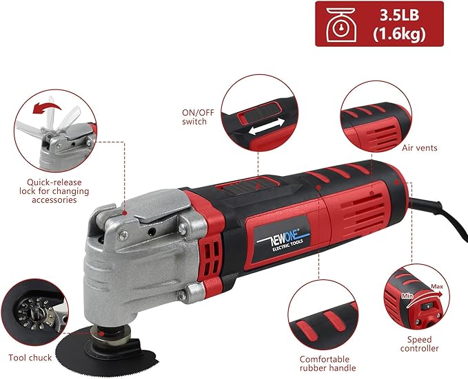 NEWONE Oscillating Tool 4 Amp Oscillating Multi-Tool Kit with 4° Oscillation Angle,6 Variable Speed with 5-piece Electric Multitool Blades (Red Black)