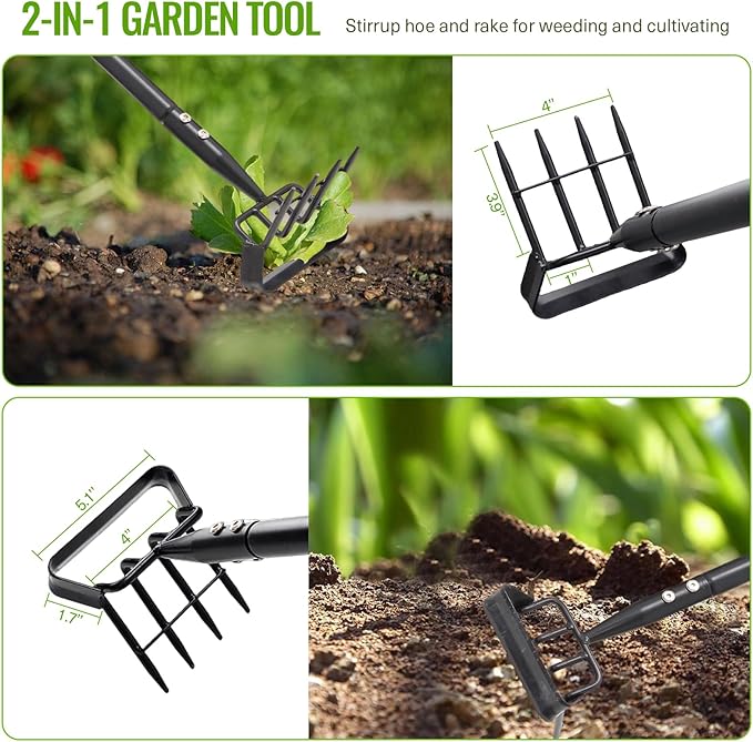 Garden Hoe, Heavy Duty Stirrup Hoe with 30-79" Adjustable Long Handle, Hula Hoe Garden Tool for Weeding, Double Action Scuffle Loop Hoe with Cultivator Rake for Loosening Soil for Gardening