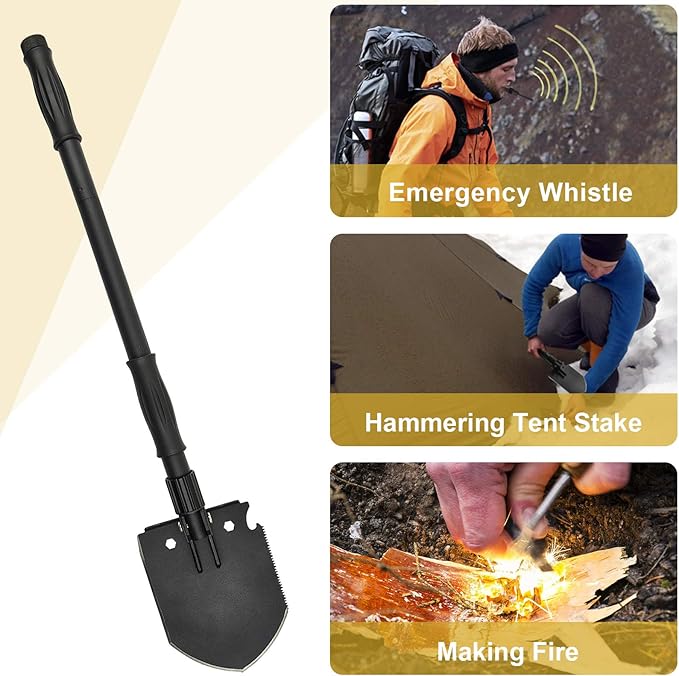Survival Shovel, (28.3'') Camping Folding Shovel, Military Spade Multitool, Tactical Trench Tool, with Pickaxe, Compass, Whistle, Molle Bag for Digging, Metal-Detecting, Off Roading, Emergency