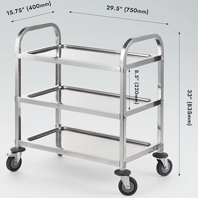 CURTA Stainless Steel Serving Trolley, 30" L x 16" W x 33" H 3 Tiered Shelf Kitchen Utility Cart, Rolling Casters Brake Wheel, Commercial Pro for Restaurant/Hotel/Lab/Clinic/Salon/Workshop