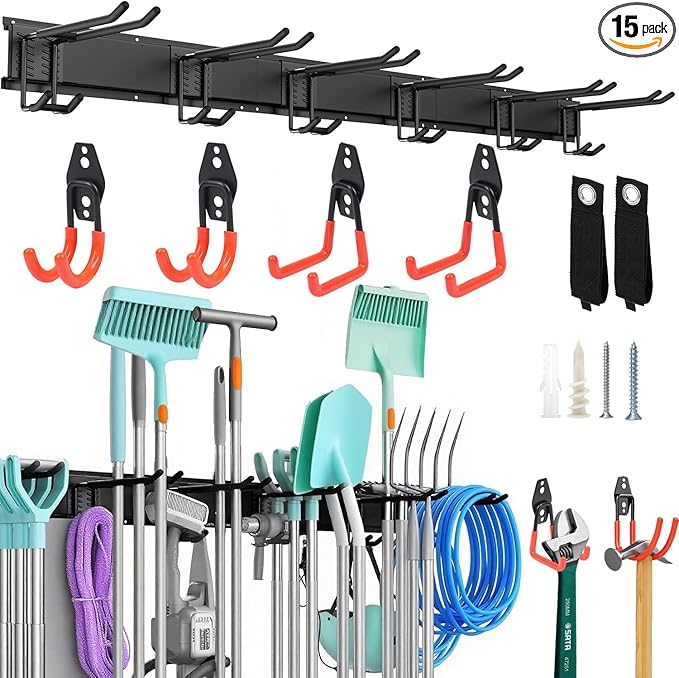 Garage Wall Organizer, 48 Inch Garage Storage Rack Garden Tool Organizer With Large Storage Space, Easy Assembly For Shovels Rakes Brooms & Yard Tools