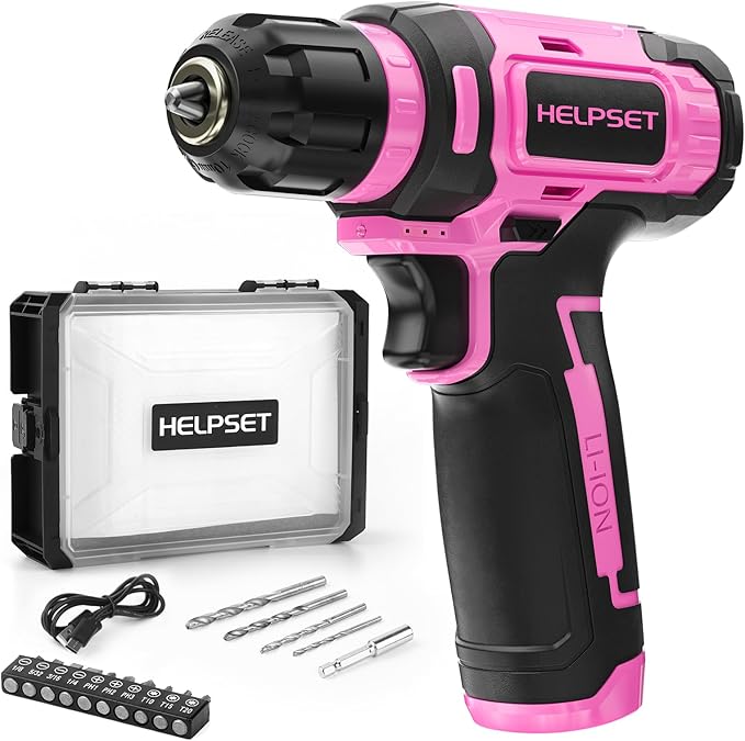 8V Cordless Drill Driver Set - 3/8" Keyless Chuck, 15pcs Drill Bits Included, Built-in LED Light for Drilling & Screwing, Comes with Toolbox for Storage (Pink)