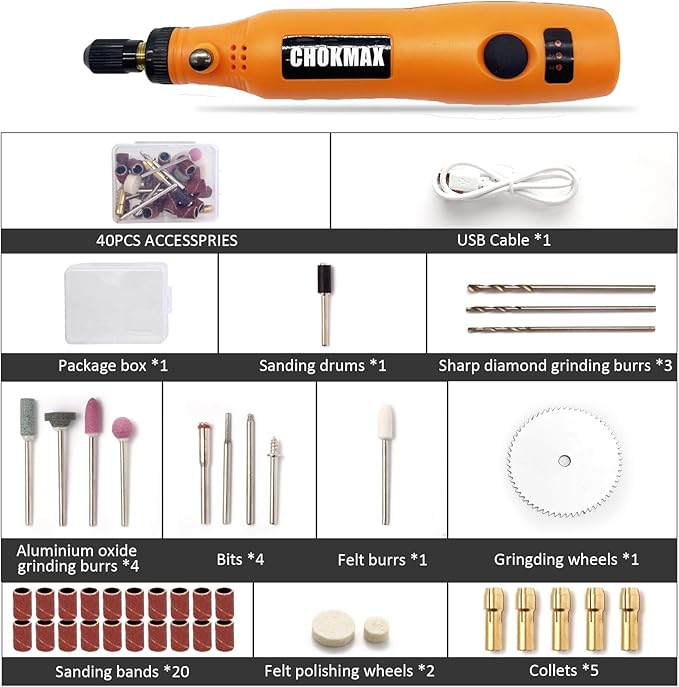 Cordless Rotary Tool, 3.7V Li-ion Mini Rotary Multi-Tool Kit with Variable Speed, 42pcs Accessories Kit Electric Rotary DIY Grinder for Polishing, Cleaning and Engraving Orange