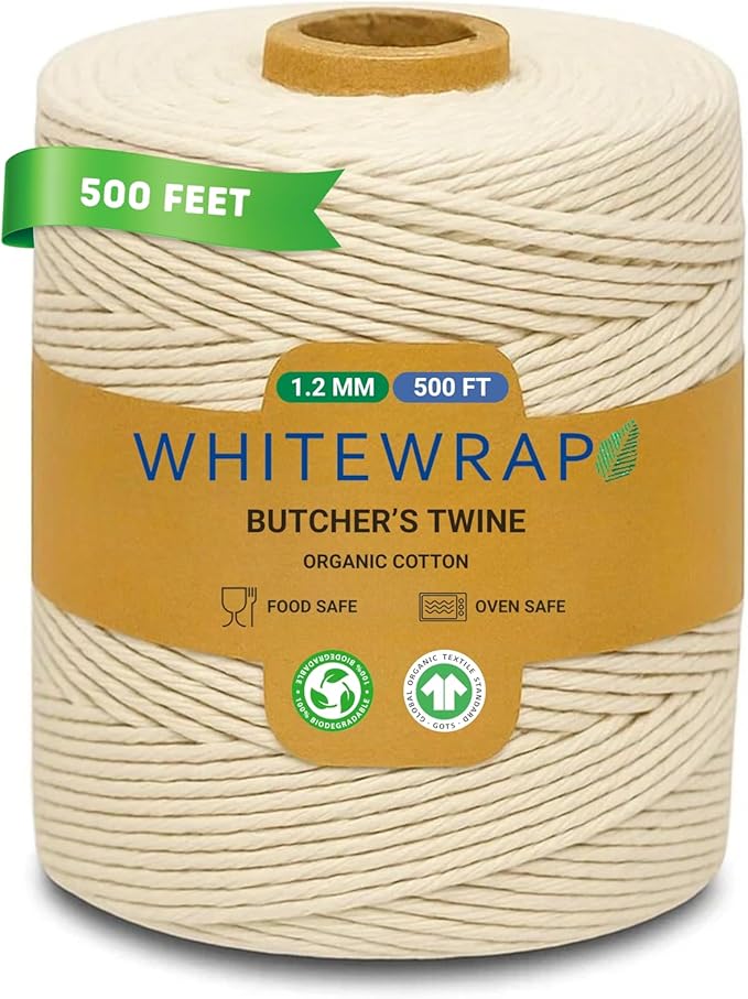 Premium Organic Butcher’s Twine | 1.2mm Natural Cotton, 500 Feet – Oven-Safe for Turkey Trussing, Meat Roasting & Baking | Strong & Versatile for Cooking, Crafts & Gift Wrapping