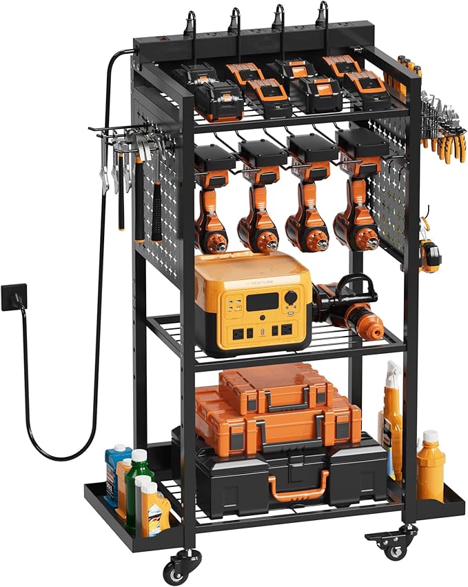 Power Tool Organizer Rolling Tool Cart with Charging Station & Power Tool Organizer - 3-Tier Rolling Utility Cart for Garage Workshop Storage