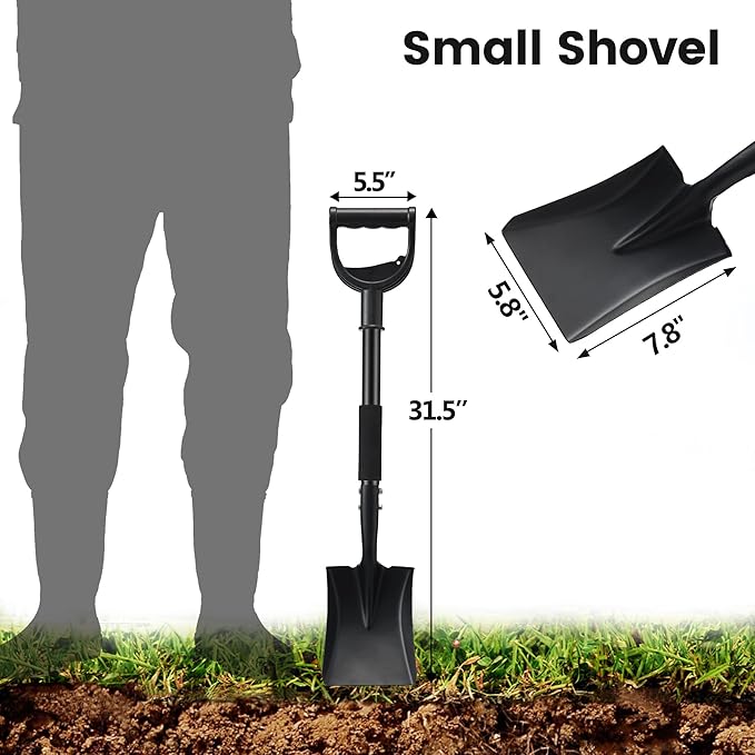Garden Shovels for Digging, Small Flat Spade Beach Shovel with D-Handle 31 inch, Metal Square Folding Hand Sand Survival Camping Adult Kids Shovel
