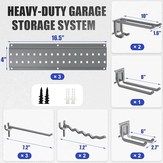 Garage Tool Organizer Wall Mount 48 inches with 10 Adjustable Heavy-Duty Hooks, Garage Organization, Garden Tool Storage Rack, Yard, and Shed, Holds Up to 400 lbs (Grey)