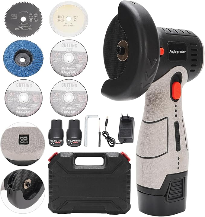 Brushless Cordless Angle Grinder Kit, 19500rpm Mini Electric Angle Grinding Tool with 2x16.8V 2000mAh Battery and 6-Cutting Discs, Grinder Handheld Cutter for Metal Wood