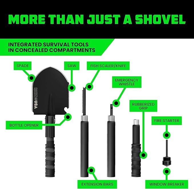 Rhino USA Survival Shovel w/Pick - Heavy Duty Carbon Steel Military Style Entrenching Tool for Off Road, Camping, Gardening, Beach, Digging Dirt, Sand, Mud & Snow. (Survival Shovel)