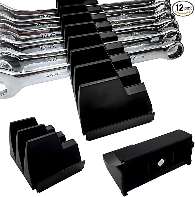 12 PC Magnetic Tool Organizer for Wrenches - Wrench Holders Organizers Set with Secure Rack Design - Toolbox Organization System for Workshop & Garage Use (Black)