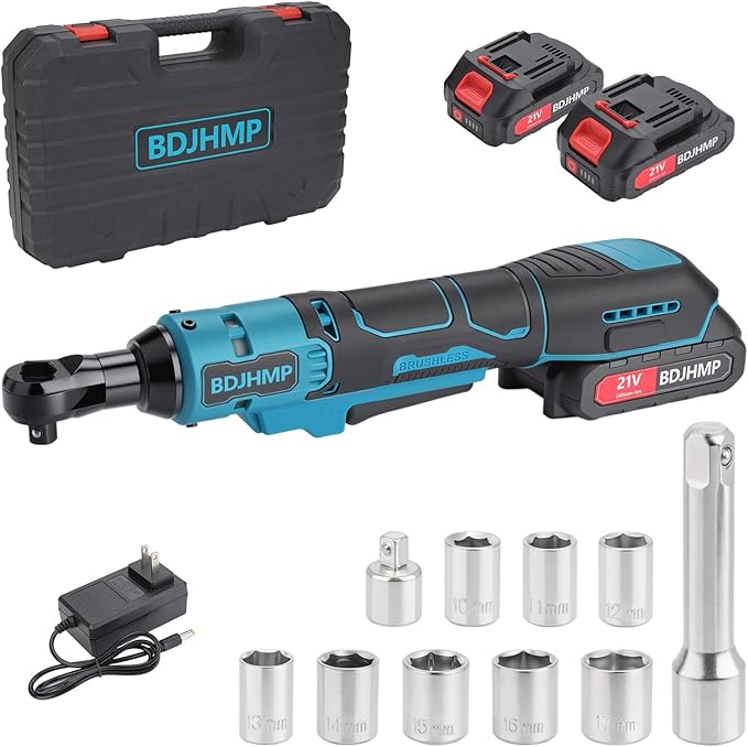 3/8'' Cordless Ratchet Wrench, 74FT-LBS (100N.m) Electric Ratchet with 21V 2 X 2.0Ah Battery, 400 RPM Chargeable Power Ratchet Driver Set with 8 Sockets,1/4 Adaptor, 3" Extension Bar,Brushless Motor