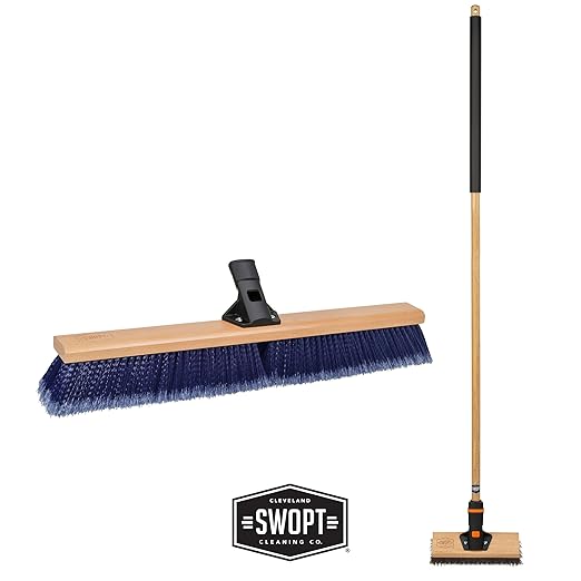 SWOPT 10" Rough Surface Deck Brush, 24" Multi-Surface Push Broom + 60" EVA Foam Comfort Grip Wooden Handle, Broom Kit Combo — 2 Cleaning Heads and Long Handle Interchangeable with SWOPT Cleaning Head