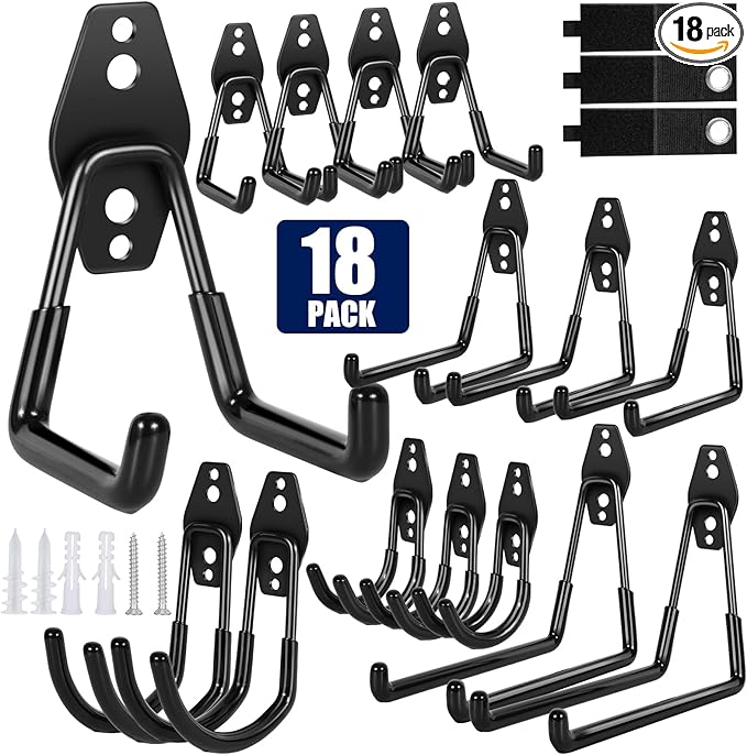 18 Pack Garage Hooks, Anti-Slip Coating, Hooks for Hanging Heavy Duty for Garages, Bicycles, Ladders, Gardening, Tools, Including 3 Organizing Straps