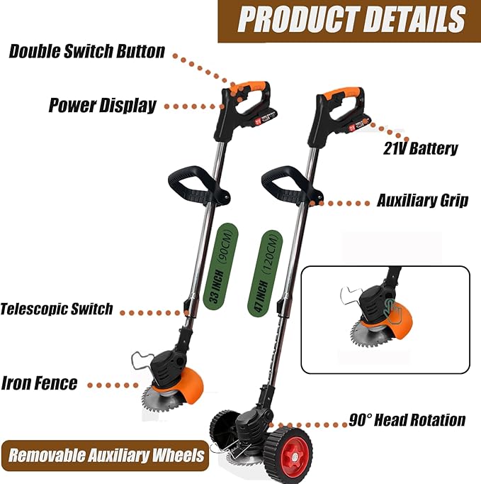 Cordless Weed Wacker Eater Electric Battery Powered, 21V Lightweight Weed Trimmer Edger Lawn Tool with 2Pcs 2000mAh Battery, 3 in 1 Stringless Grass Trimmer/Edger/Brush Cutter for Garden Yard Lawn